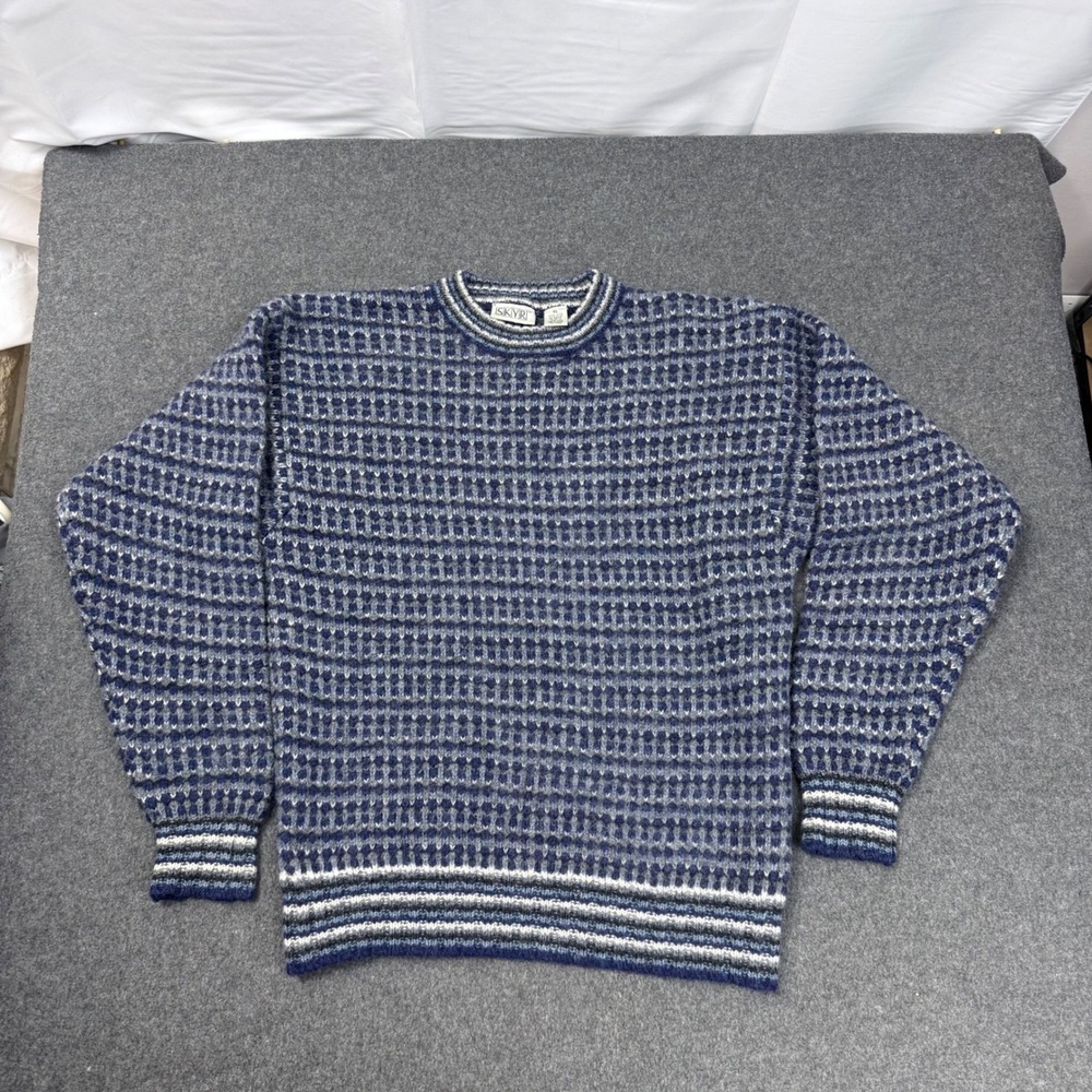 SKYR Vintage 100% Wool Sweater XL Blue Gray Nordic Fair Isle Chunky Knit